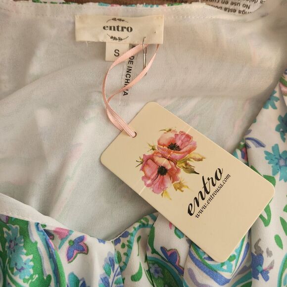 Entro S Green Paisley v-neck puff sleeve crop cottagecore Y2K Fairy Boho top - Picture 6 of 9